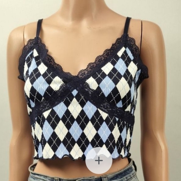 Navy Blue Argyle Patterned Bra with V-Neck and Spaghetti Straps​ - Picture 1 of 9